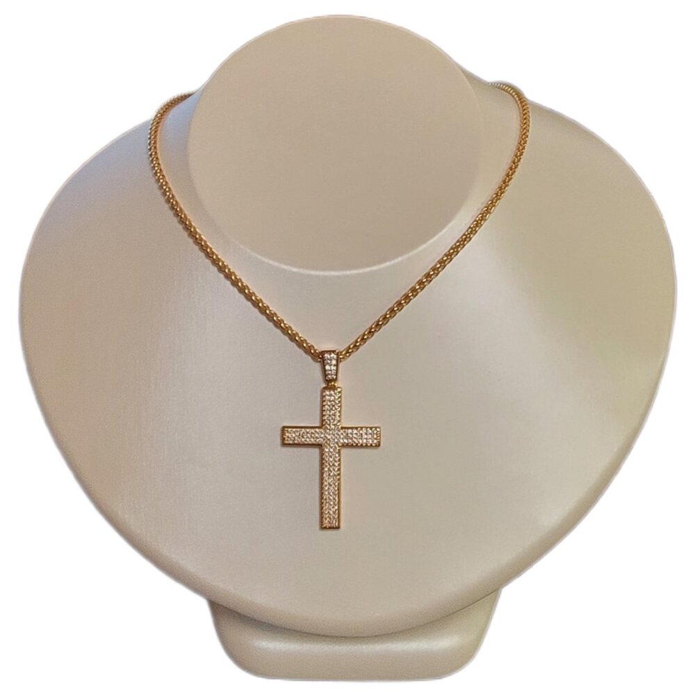 Moissanite Cross Pendant 925 Sterling Silver Gold Plated 22" NWT